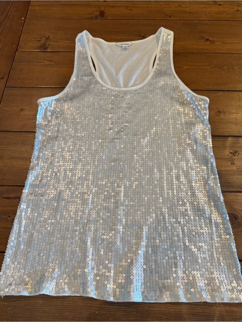 Calvin Klein Cream & Silver Sequin Racerback Tank Top EUC, size Large